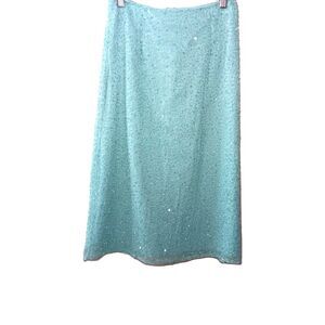 Vintage Lawrence Kazer Teal Aqua Beaded Silk Midi Skirt Sz S 80s 90s Eveningwear
